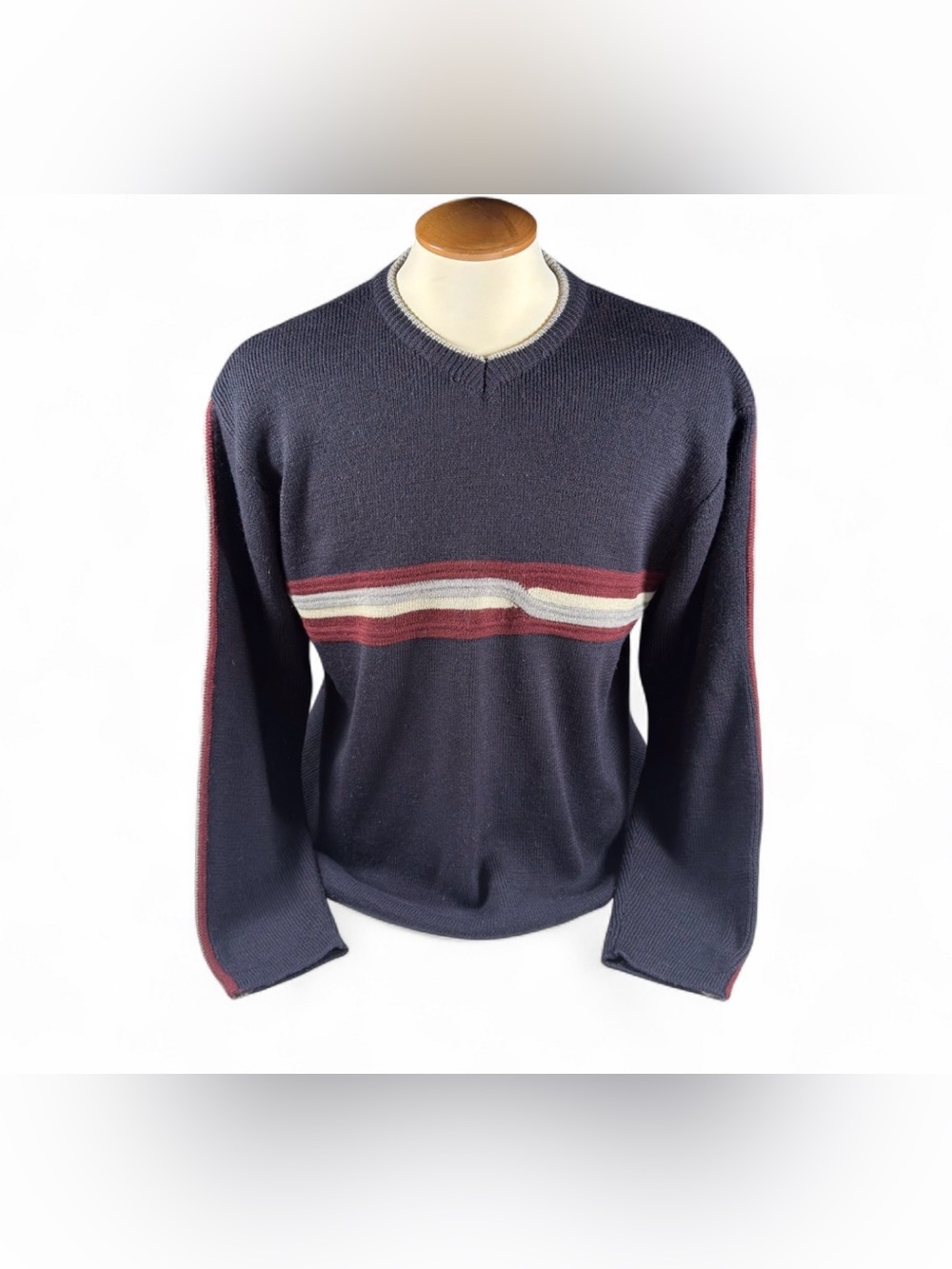 Vintage Nevada Navy V-Neck Sweater Size M 50% Wool 50% Acrylic Stripe